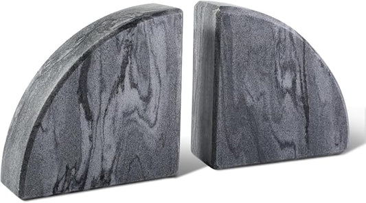 Marble Bookend for Shelves, Non-Skid Bookends for Heavy Books, Heavy Duty Book Stopper for CDs, Luxury Book Shelf Holder, Quarter Circle Design Book Ends Decorative, Monte Grigio, Set of 2-Ruum Studio Home