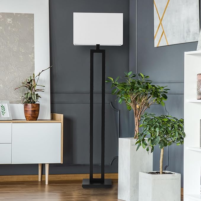 GLOBE Electric 67046 58" Floor Lamp, Matte Black Finish, White Linen Rectangular Shade, Modern Geometric Cutout Design, E26 Base-Ruum Studio Home