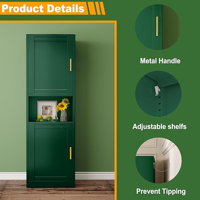 Tall Narrow Storage Cabinet 66.93" H Tall Bathroom Cabinet Metal Pantry Cabinets, 4 Adjustable Shelves for Kitchen, Home Office, Living Room, Dinning Room (20 inches Wide Green)-Ruum Studio Home