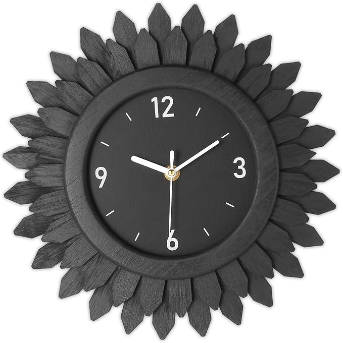 Honiway Wall Clock Battery Operated 12 Inch Rustic Wooden Boho Sunburst Decorative Wall Clock Silent Non-Ticking Black Wall Decor Clocks for Living Room Kitchen Bathroom Bedroom (Black)-Ruum Studio Home