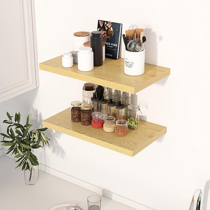 24" Floating Shelves for Wall, 12" Deep Slim Oak Floating Shelves, Wall-Mounted Shelves for Bedroom, Living Room, Kitchen, Bathroom - Set of 2-Ruum Studio Home