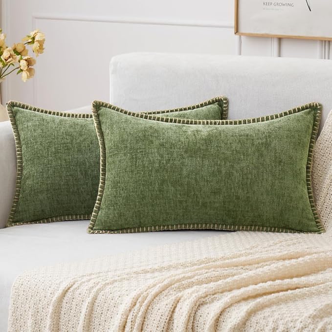 MIULEE Pack of 2 Couch Throw Pillow Covers 12x20 Inch Sage Green Farmhouse Decorative Pillow Covers with Stitched Edge Soft Chenille Solid Dyed Spring Pillow Covers for Sofa Bed Living Room-Ruum Studio Home