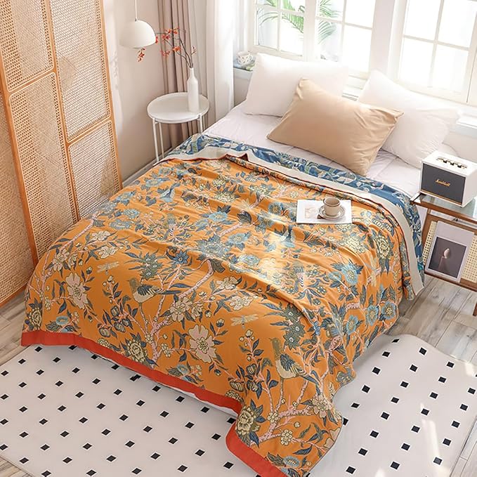 Boho Muslin Blanket for Adults 4-Layer Gauze 80 x 90 Inches Soft Cozy 100% Cotton Summer Cooling Blanket Floral Decor for Sofa Bed Coverlet Both Sides (Flowr Branch Orange, 80 x 90 in)-Ruum Studio Home