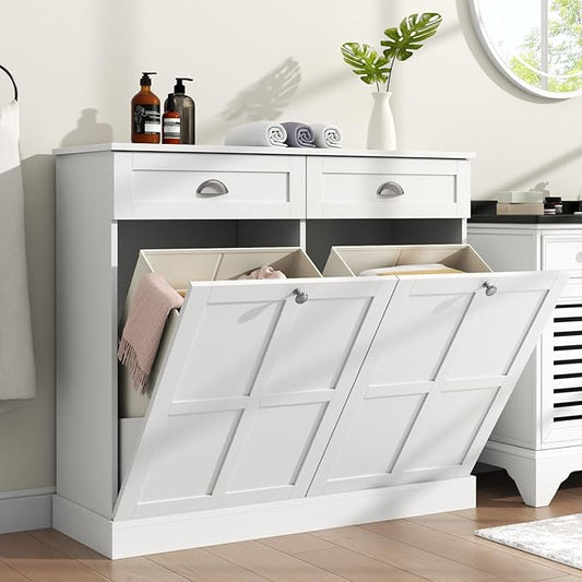 Loomie Double Tilt Out Laundry Hamper Cabinet, Hidden Laundry Cabinet with 2 Drawers & 2 Baskets, 30 Gallon Trash Can for Bathroom, Kitchen, White-Ruum Studio Home