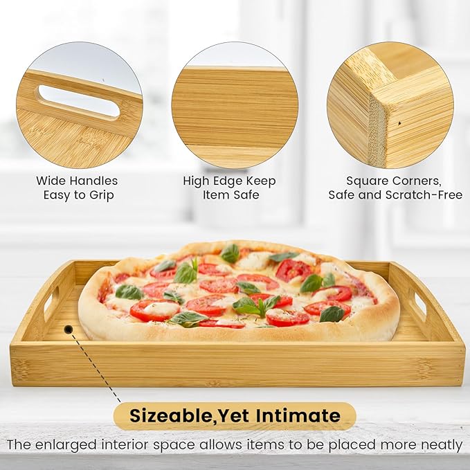Bamboo Serving Tray with Handles Set of 3 - Decorative Wooden Trays for Eating, Working, and Storing, Suitable for Use in Bedroom, Living Room, Kitchen, Bathroom, Outdoor Scenarios and More-Ruum Studio Home