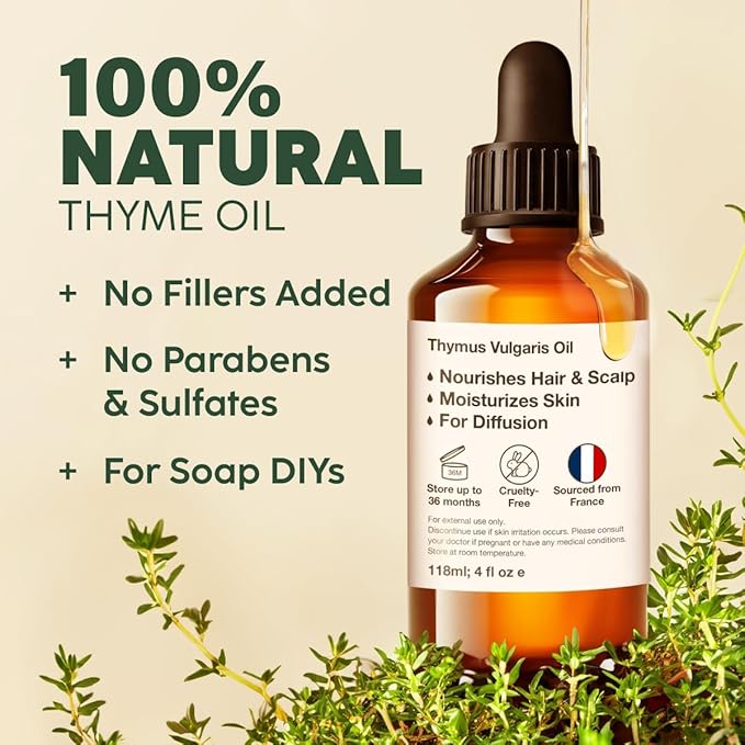 Kukka Thyme Essential Oil for Hair, Skin & Diffuser - 4 Fl Oz - 100% Pure Natural Thyme Oil, Herbaceous Scent, for Aromatherapy & Making Scent DIY-Ruum Studio Home