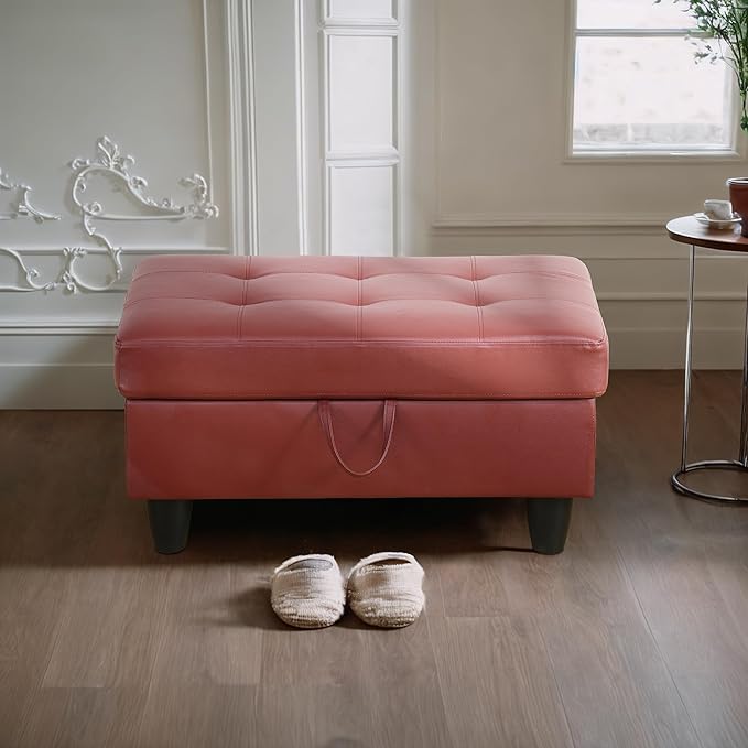 Ottoman Rectangular Storage Ottoman Bench, Faux Leather Footrest, Coffee Table, Stool Footstool with Hinged Lid for Living Room, Bedroom, Entryway, Red, 35"x23.5"x17.5"-Ruum Studio Home