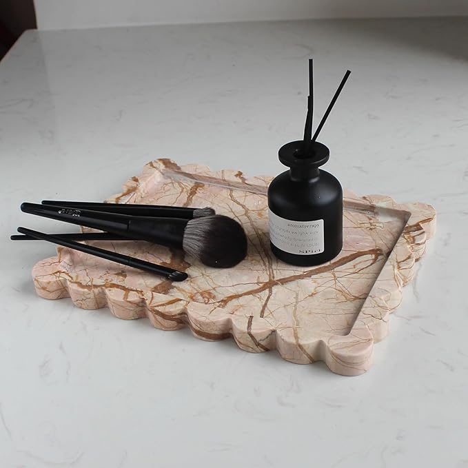 Natural Luxury Scalloped Marble Tray 10.8"x8", Rectangle Vanity Tray for Bathroom Kitchen Counter, Decorative Tray for Dresser Home Decor (Pink Marble)-Ruum Studio Home