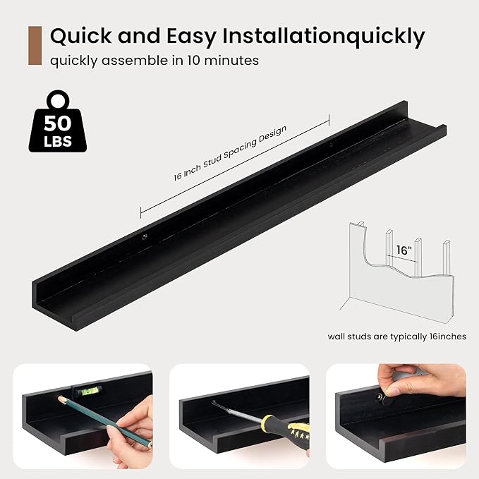 Picture Ledge Shelf, Solid Pine Wood Floating Shelves Set of 2, 32 Inches Nursery Book Shelves for Toys Storage, Kids Bookshelf Wall Mounted for Living Room Bedroom Decor Books Photo Frames, Black-Ruum Studio Home