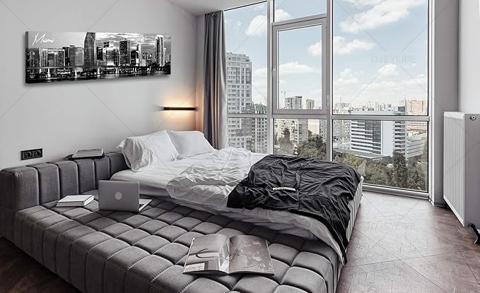DJSYLIFE Miami Skyline Wall Art Decor Panoramic Cityscape Picture Modern USA City Night View Canvas Prints for Bedroom Office Living Room Decoration Stretched and Framed Ready to Hang 13.8"x47.3"-Ruum Studio Home