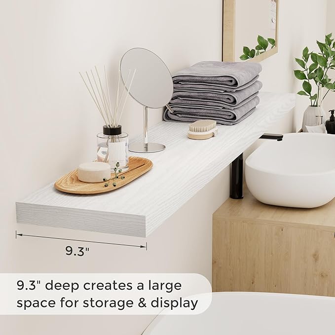 Fun Memories Floating Shelves 55 Inch Set of 2, White 55 x 9 Wall Shelves for Home Decor Storage, Rustic Wood Floating Shelf for Wall, 9 Inch Deep Shelving for Bathroom, Living Room, Kitchen-Ruum Studio Home