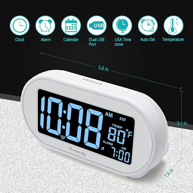 DreamSky Alarm Clocks for Bedrooms, Auto Set Digital Desk Clock for Bedside Nightstand, Electric Clock with Dimmable Brightness Dimmer, Auto DST, USB Port, Date, Temperature, Snooze-Ruum Studio Home