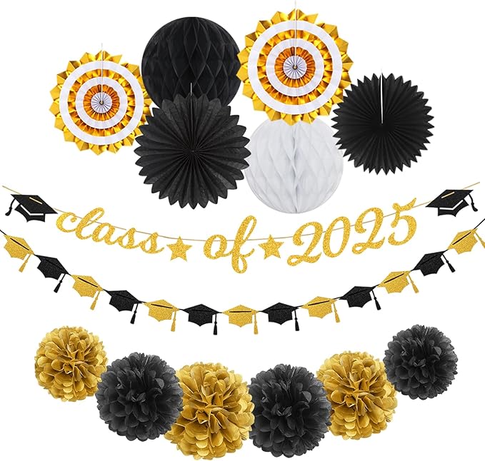 Black Gold Party-Decoration Graduation Banner - 14pcs Kits Cap Garland Streamers, Paper Tissue Pom Poms Flowers Fans Honeycomb,Class Of 2025 College High School Grad Decor Hugfond-Ruum Studio Home