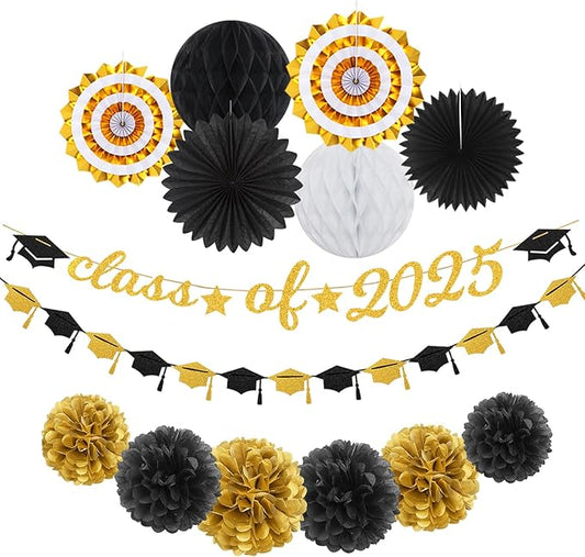 Black Gold Party-Decoration Graduation Banner - 14pcs Kits Cap Garland Streamers, Paper Tissue Pom Poms Flowers Fans Honeycomb,Class Of 2025 College High School Grad Decor Hugfond-Ruum Studio Home