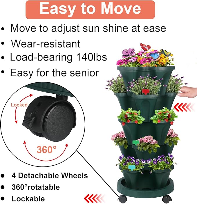 Vertical Planter, 5 Tier Stackable Strawberry Planter with Garden Tool Set, Movable Indoor/Outdoor Garden Herb Pot for Growing Vegetables and Succulents, Green-Ruum Studio Home