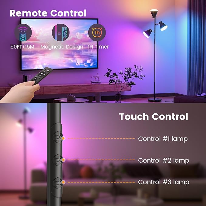 RGB Floor Lamp, 36W LED Dimmable Standing Lamp with 3 Swivel Lights, Color Changing Tall Lamp with Remote, Stepless Dimmable Modern Floor Lamps for Living Room, Bedroom, Gaming Room,Office-Ruum Studio Home