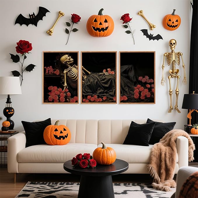 Aurlan Gothic Skeleton Roses Framed Wall Art(16"x24"), 3PCS Romantic Halloween Skull Flowers Canvas Artwork, Dark Moody Goth Mystical Creepy Decor for Home Office Bedroom-Ruum Studio Home