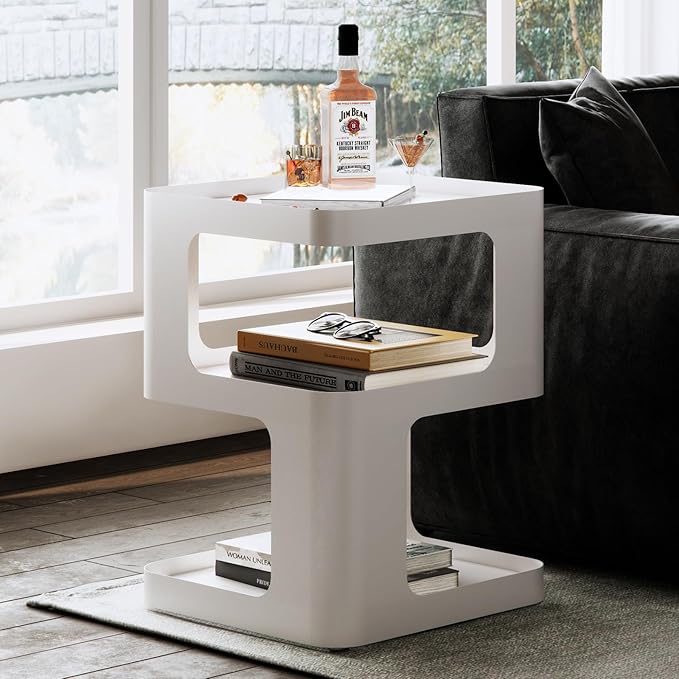 Modern Side Table,White end Table,Unique nightstand,Bedside Table,Metal 3-Tier Night Stand with Storage,Accent Side Table for Couch,Bedroom,Living Room.No Assembly Required.-Ruum Studio Home