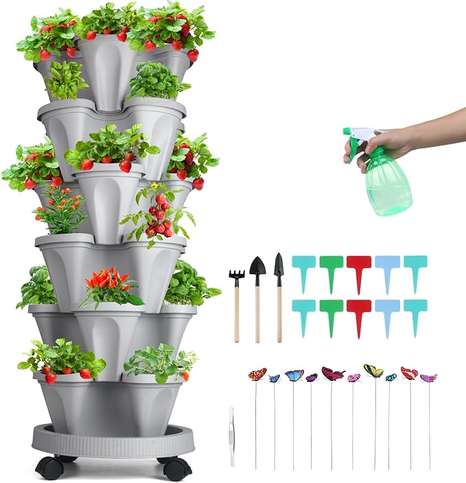 Vertical Planter, 6 Tier Stackable Strawberry Planter with Garden Tool Set, Movable Indoor/Outdoor Garden Herb Pot for Growing Vegetables and Succulents, Gray-Ruum Studio Home