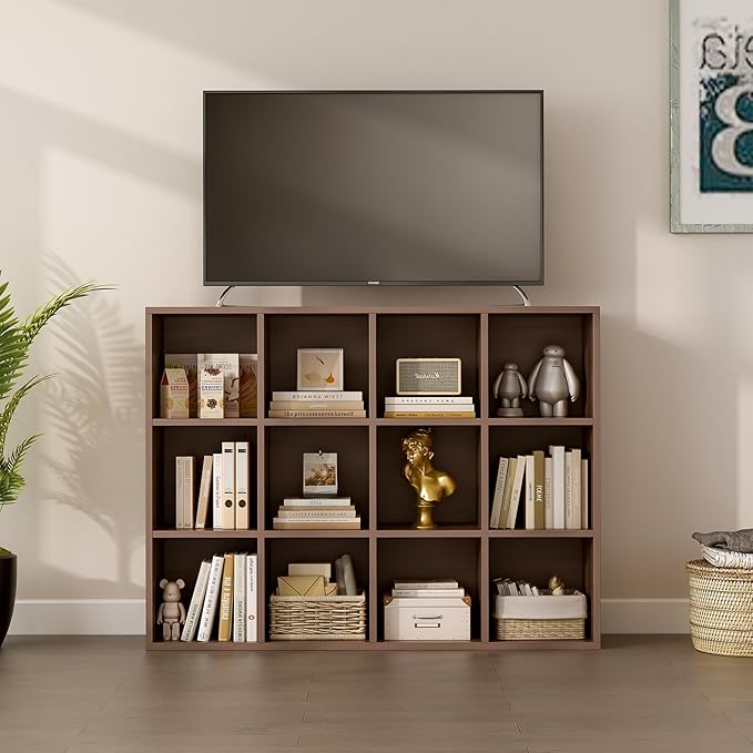 12-Cube Storage Shelf Bookcase - Wooden 3-Tier Floor Standing Open Bookshelf for Home and Office, Cuby Orgainzer, Walnut-Ruum Studio Home