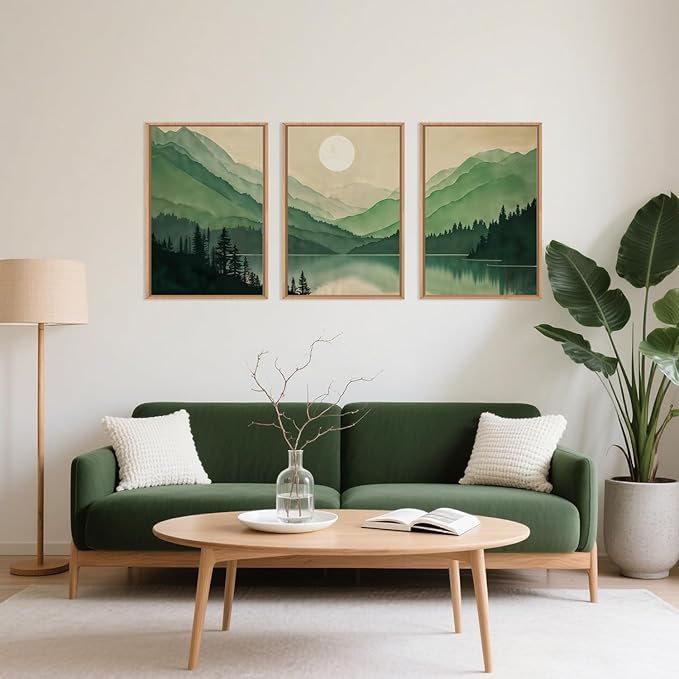 Celestdeco Watercolor Mountains Framed Canvas Wall Art Set, Boho Sun Forests Wall Decor, Green Scenery Wall Painting, Modern Woodland Artworks for Living Room, Bedroom, Dining Room, Office - 16"x24"x3-Ruum Studio Home