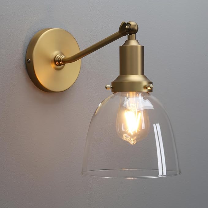 PERMO Industrial Vintage Slope Pole Wall Mount Single Sconce with 6.7" Oval Dome Clear Glass Shade Wall Sconce Light Fixture (Antique Gold)-Ruum Studio Home