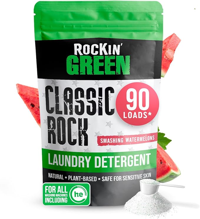Rockin' Green Classic Rock Laundry Detergent (90 Loads), Plant based, All Natural Laundry Detergent Powder, Vegan and Biodegradable Odor Fighter, Safe for Sensitive Skin, 45 oz (Smashing Watermelons)-Ruum Studio Home