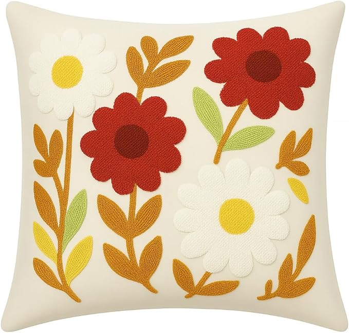 Throw Pillow Cover with Sunflower Embroidery – 18x18 inch Handmade Punch Needle Cushion – 100% Cotton Decorative Pillow for Couch, Bed or Living Room – Boho Floral Home Decor-Ruum Studio Home
