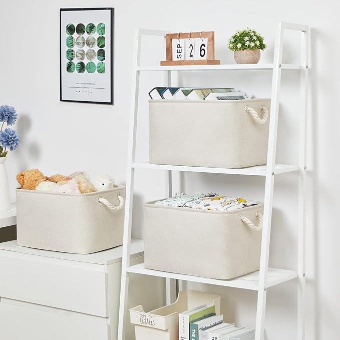 Bidtakay Baskets Collapsible Large Toy Storage Baskets for Organizing Set of 3 Closet Organizer Linen Cream Storage Bins 15 X 11 X 9.5 Inch Shelf Organizer Bins for Nursery Storage (Light Beige)-Ruum Studio Home