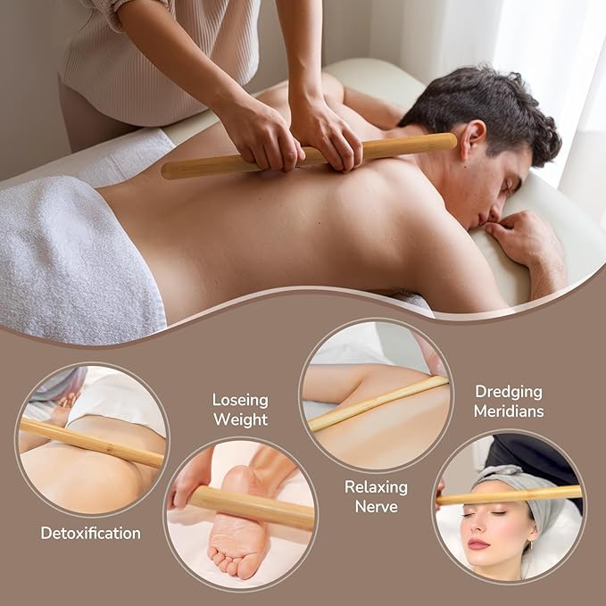 4PCS Solid Bamboo Massage Sticks & Guasha Set with Roller/Stick - 100% Bamboo Therapy Tools for Neck/Arm/Back/Legs/Full Body, Deep Tissue Massage, Muscle Relaxation, Body Shaping, Fatigue Relief-Ruum Studio Home