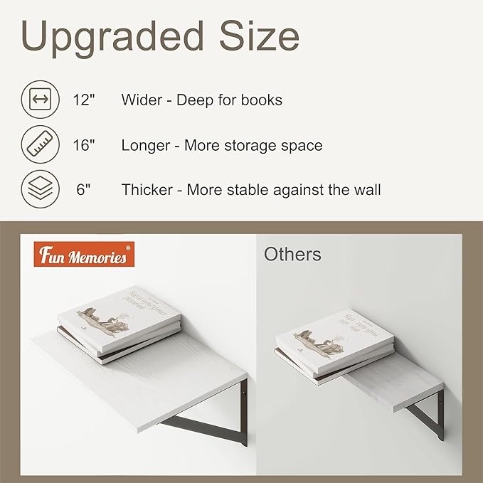 Fun Memories Floating Shelves Set of 2, 16" W x 12" D, White Ledges for Bedroom, Bathroom, 12" Deep Bookshelf Wall Mounted-Ruum Studio Home