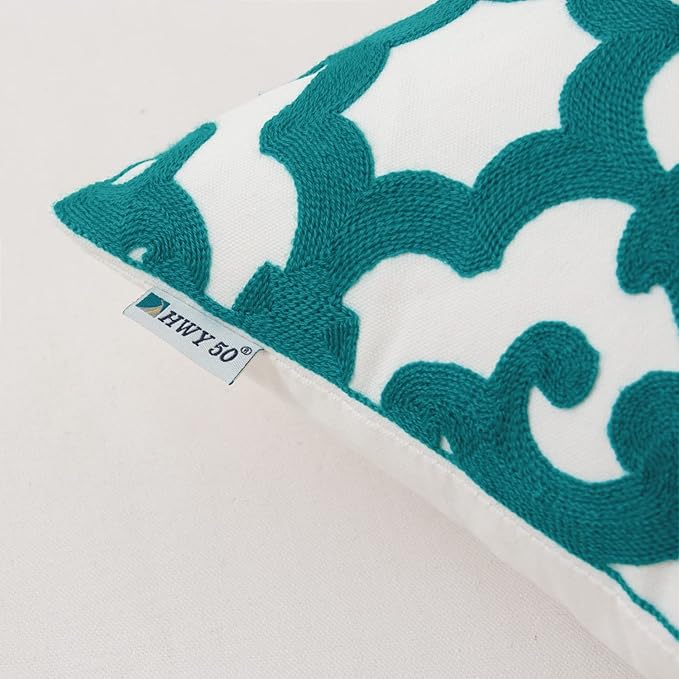 HWY 50 Teal Decorative Throw Pillow Covers 18x18 Inch (1 Piece), Embroidered Cotton Farmhouse Cushion Cover Pillow Case for Sofa Couch Living Room Bed, Geometric-Ruum Studio Home