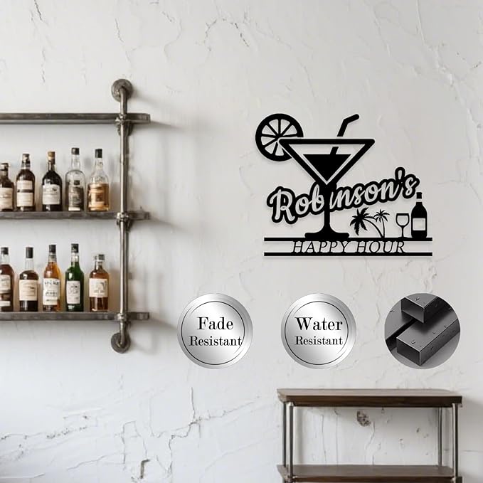 Happy Hour Metal Bar Sign - Personalized Wine Wall Art, Rustic Home Bar Decor, Custom Cocktail & Wine Themed Metal Signs for Indoor/Outdoor - MADE IN USA-Ruum Studio Home