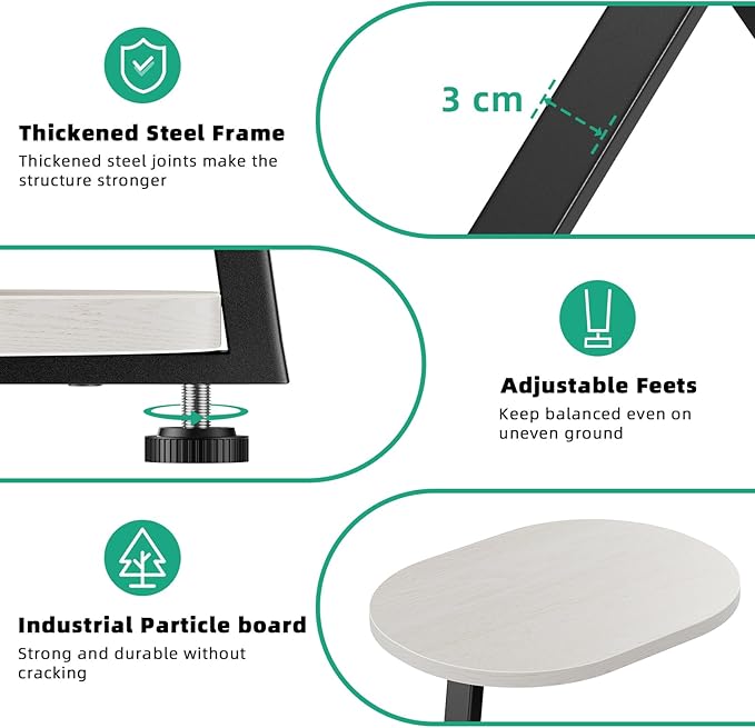 Side Table, Small End Table with Metal Frame, 3-Tier Bedside Tables, Round Side Tables for Living Room Bedroom Couch Bathroom, Oval, White Maple-Ruum Studio Home