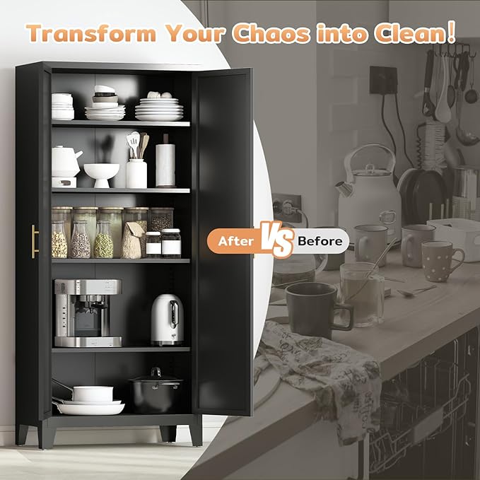 70.87" H Metal Kitchen Pantry Cabinet, Freestanding Cupboard with 2 Doors and 4 Adjustable Shelves, Tall Metal Storage Cabinet for Kitchen, Bathroom, Dinning Room or Laundry Room （Black）-Ruum Studio Home