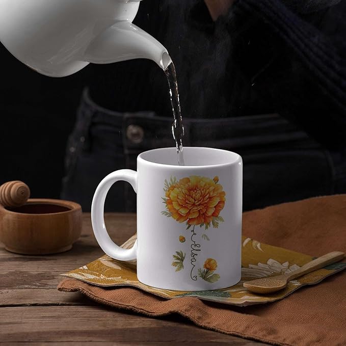 Unique Marigold Themed Ceramic Mug, Personalized Name Flower Accent Cup, Lovely Floral Coffee Mug 11oz 15oz, Custom Ceramic Mug For Flower Lover, Customized Marigold Decorative Cup-Ruum Studio Home