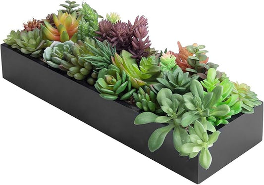 MyGift Artificial Succulent Centerpiece,15.75 Inch Faux Succulents Arrangement Plants in Sleek Black Wooden Rectangular Planter Box-Ruum Studio Home