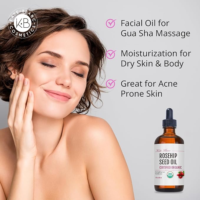 Kate Blanc Cosmetics Rosehip Oil for Face & Softer Glowing Skin (1oz, Organic, Pure, Cold Pressed) Rosehip Seed Face Oil for Facial & Gua Sha Massage-Ruum Studio Home