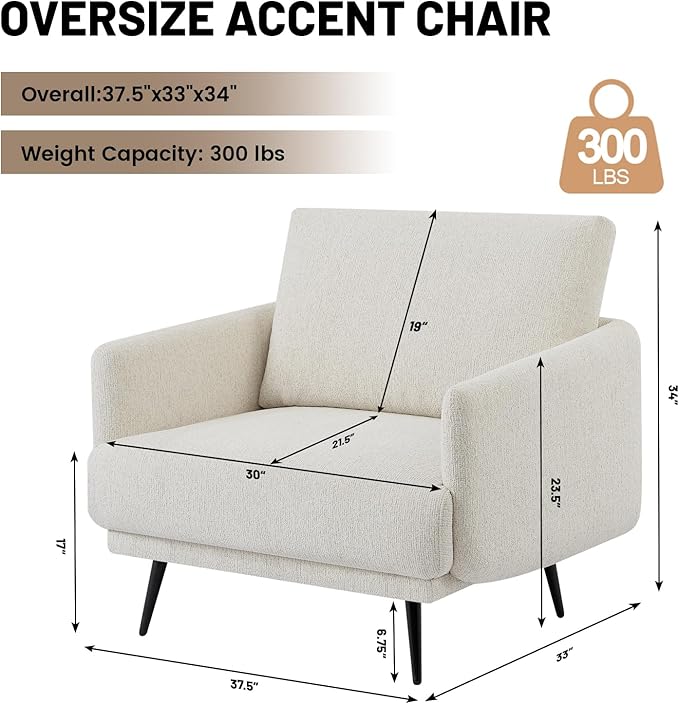 Oversized Accent Chair for Living Room Chairs Reading Arm Chair Comfy Modern Single Sofa Side Chairs with Metal Legs & Soft Cushion for Bedroom, Balcony,Waiting Room (Chenille, Oatmeal)-Ruum Studio Home
