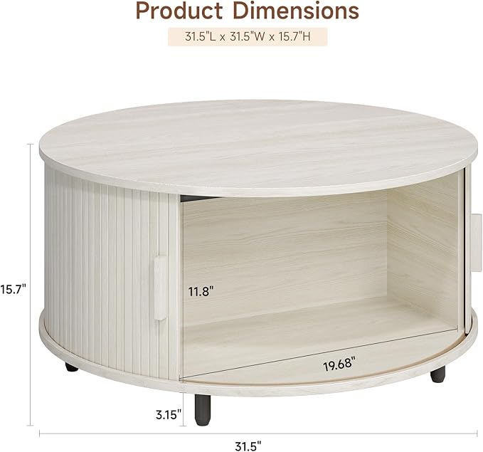 Round Coffee Table with Storage, 31.5" Modern Coffee Table with 360° Curved Sliding Door, Fluted Wood Coffee Table with Adjustable Footpads, Round Center Table for Living Room, Natural White-Ruum Studio Home