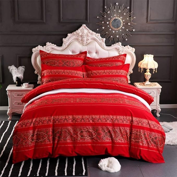 ABREEZE Queen Duvet Covers, Bohemian Retro Bedding Set, Coloful Mandala Down Comforter Cover, Boho Floral Style Quilt Cover, 100% Brushed Cotton, 1 Duvet Cover and 2 Pillow Shams,Red-Ruum Studio Home