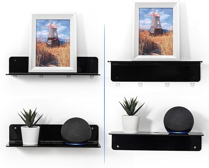 OAPRIRE Black Acrylic Floating Shelves Set of 2 - Damage Free Expand Wall Space - 12 Inch Wall Shelves with Strong Adhesive for Bathroom, Bedroom, etc-Ruum Studio Home