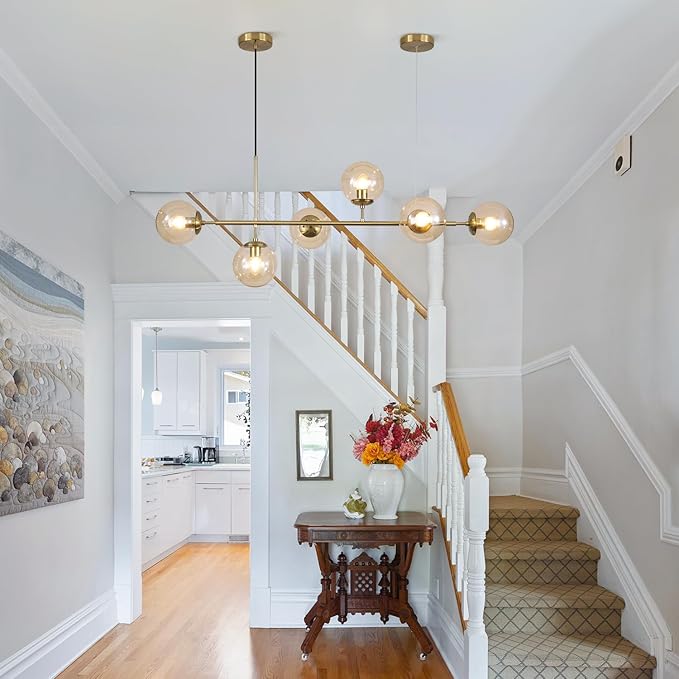KCO Lighting Globe Linear Chandelier 6 Light Amber Glass Pendant Light Fixture Gold Kitchen Island Lighting Long Brass Sputnik Chandelier Dining Room Light Fixtures Over Table-Ruum Studio Home