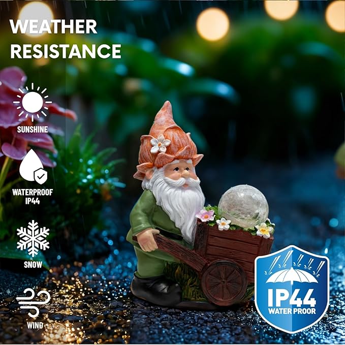 Solar Garden Gnome Statue with Crackle Glass Globe Lights, Waterproof Outdoor Decor for Patio, Lawn, or Yard, Whimsical Housewarming Gift(Green Gnomes)-Ruum Studio Home