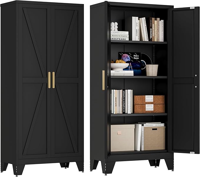 61" Tall Farmhouse Metal Pantry Cabinet, Kitchen Pantry Storage Cabinets with 2 Barn Door and Adjustable Shelves,Metal Pantry Storage Cabinet,for Kitchen,Laundry Room,Home Office,Kids Room (Black)-Ruum Studio Home