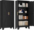 61" Tall Farmhouse Metal Pantry Cabinet, Kitchen Pantry Storage Cabinets with 2 Barn Door and Adjustable Shelves,Metal Pantry Storage Cabinet,for Kitchen,Laundry Room,Home Office,Kids Room (Black)-Ruum Studio Home