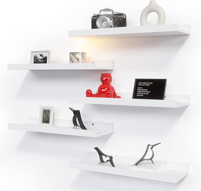RICHER HOUSE 5 Set White Floating Shelves, Wall Mounted Shelves for Wall Decor, Modern Picture Ledge Shelf with Lip for Wall Storage Nursery, Bedroom, Living Room, Bathroom - White-Ruum Studio Home
