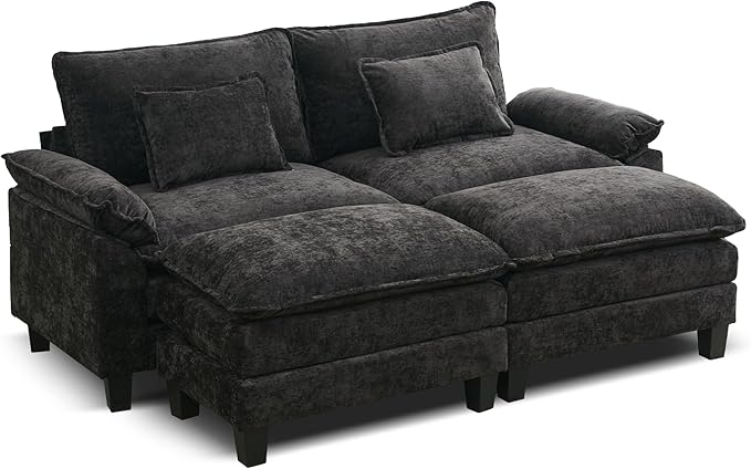 URRED Modular Sectional Sofa Comfy Cloud Couch, Modern Chenille Sofa Sleeper Deep Seat Couches with Ottoman/Pillows for Living Room (Black, 82.6''- 2 Ottomans)-Ruum Studio Home