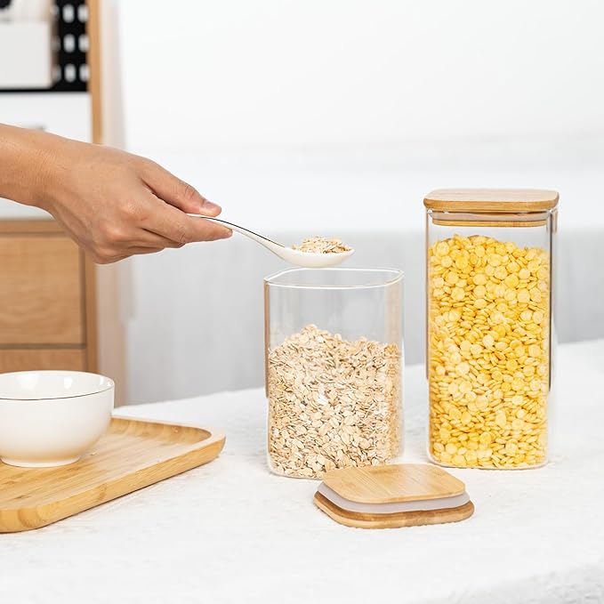 41oz Airtight Glass Square Storage Canister with Bamboo Lid Set of 4 (1200ml) Container Stackable Jar, Kitchen Canister for Pantry Noodles, Flour and Coffee beans (‎with Black Lable)-Ruum Studio Home