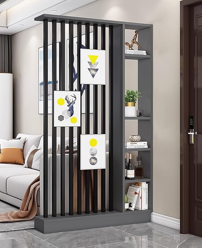 Wall Room Divider, Storage Cabinet Storage Display with Shelves, Modern Freestanding Wood Room Divider Screen, Wall Privacy Screens for Home Decorative (Grey+Black,47" L x 9.5" W x 79.5" H)-Ruum Studio Home